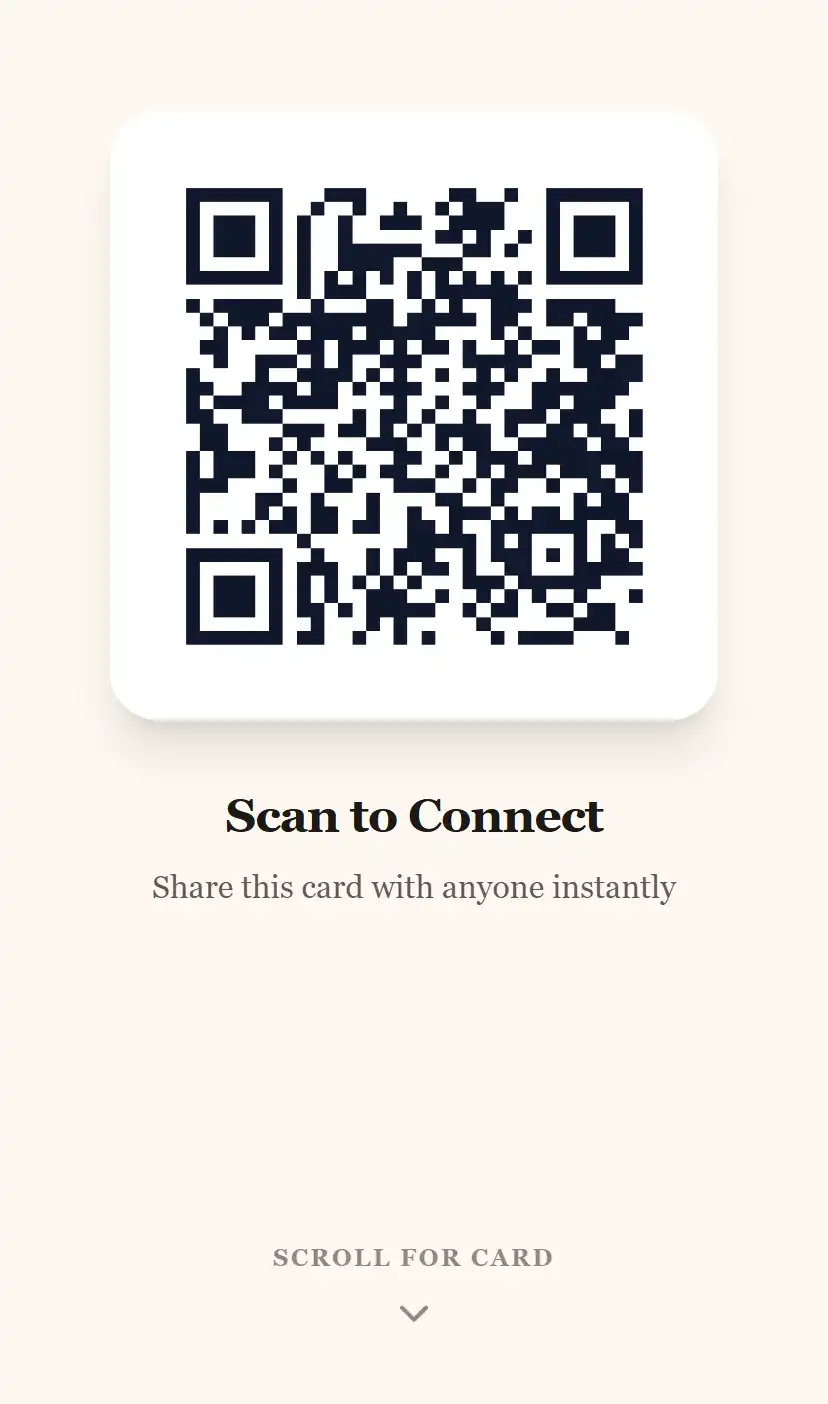 Scannable QR code view of a Vector virtual business card, branded for the client.